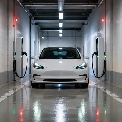 Electric Car Charging Bay With Green Energy Glow