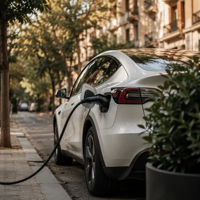 Urban Electric Car Charging at Sunset