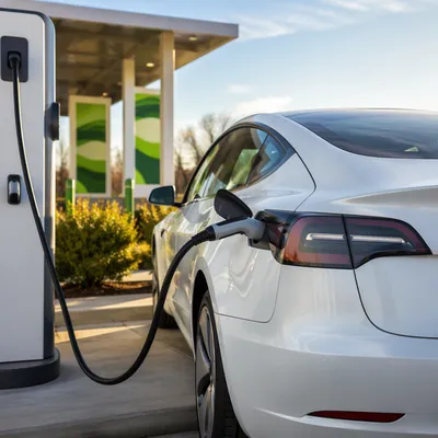 White Electric Car Charging at Sunset