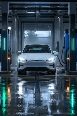 Electric Sedan Charging in Futuristic Green Bay