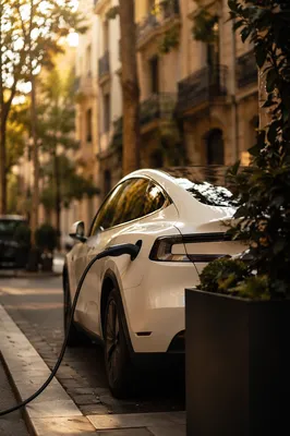 White Electric Car Charging on Urban Street