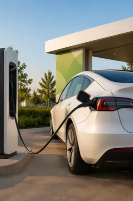 White Electric Sedan at Green Charging Station