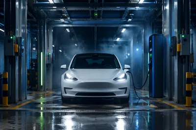 Electric Sedan Charging in Futuristic Green Bay