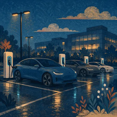 Electric Car Charging Lot at Blue Hour