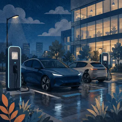 Electric Car Charging Lot at Blue Hour