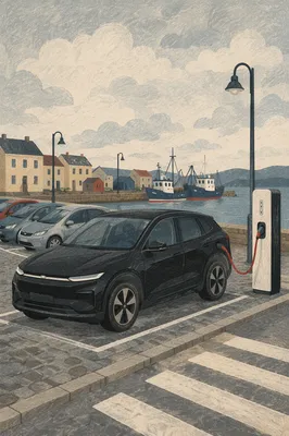 Electric SUV Charging by Harbor Parking Lot