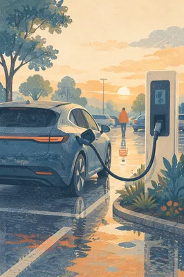 Sunrise Electric Car Charging in Parking Lot