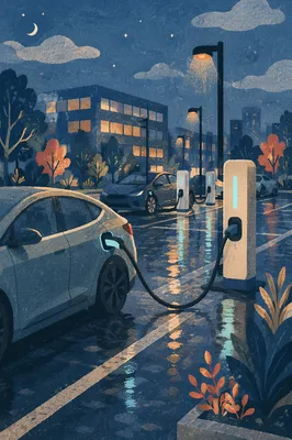 Electric Car Charging Lot at Blue Hour