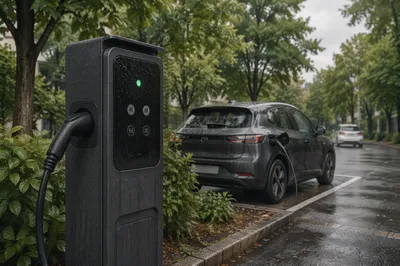 Electric Car Charger in Rainy Parking Bay