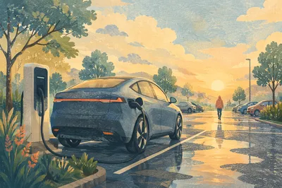 Sunrise EV Charging in Modern Parking Lot