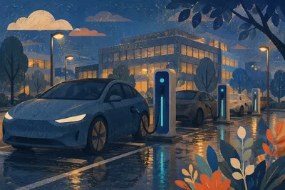 Blue Hour Electric Car Charging Lot