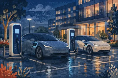Blue Hour Electric Car Charging Parking Lot