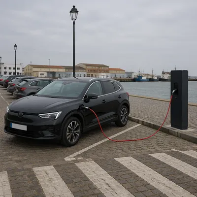Electric SUV Charging at Waterfront Parking Lot