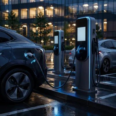 Electric Car Charging in Urban Parking Lot