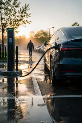 Sunrise Electric Car Charging in Parking Lot