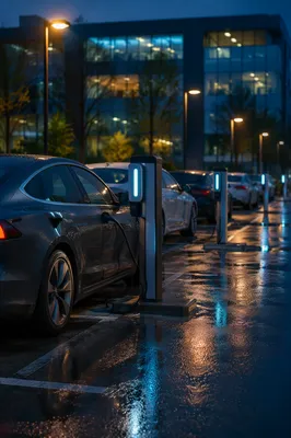 Blue Hour Electric Car Charging Lot