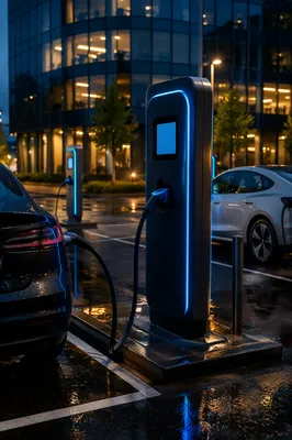 Electric Car Charging Lot at Blue Hour