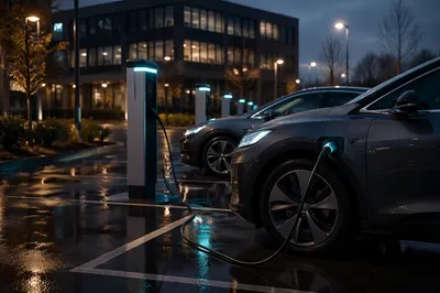 Electric Car Charging Lot at Blue Hour