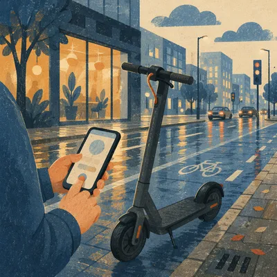 Electric Scooter on Rainy Modern Street