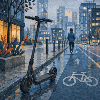 Electric Scooter on Rainy City Lane