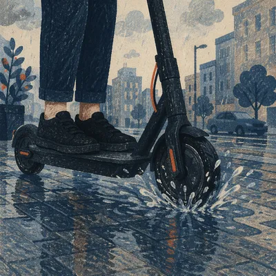 Electric Scooter Splashing Through Rainy City Street