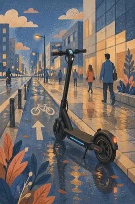 Electric Scooter on Rainy Modern Street