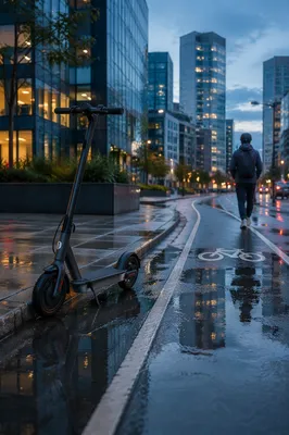 Electric Scooter on Rainy Modern City Street