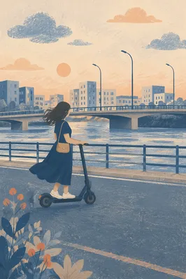 Electric Scooter Ride by Riverside Street