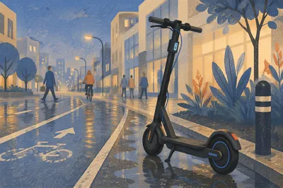 Electric Scooter on Rainy Modern Street