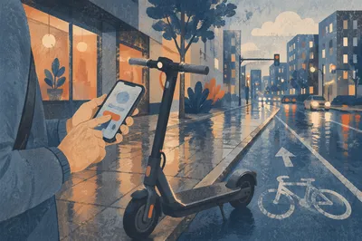 Electric Scooter on Rainy Modern Street