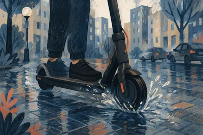 Electric Scooter Splash on Rainy City Street