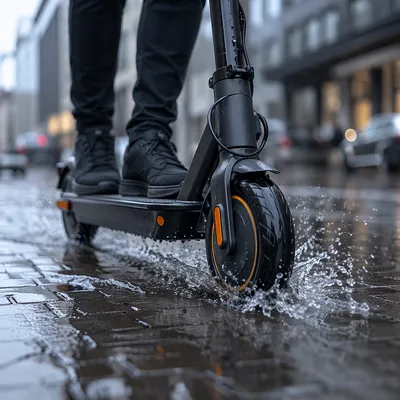 Electric Scooter Splashing Through Rainy City Street