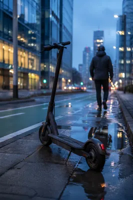 Electric Scooter on Rainy City Bike Lane