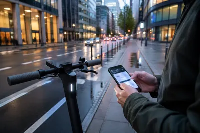 Electric Scooter on Rainy Modern City Street