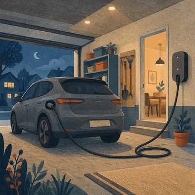 Home Garage Electric Vehicle Charging Scene