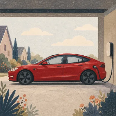 Red Electric Sedan Charging in Home Garage
