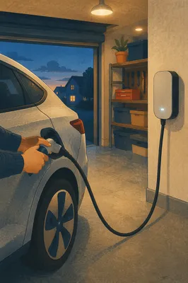 Home Garage Electric Vehicle Charging Scene