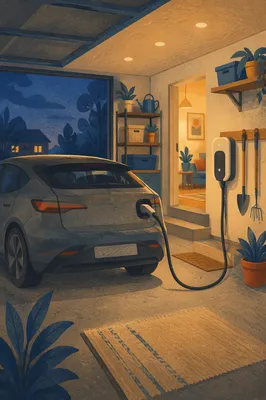 Electric Car Charging in Cozy Home Garage