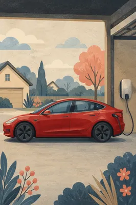 Red Electric Sedan Charging in Home Garage