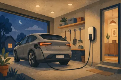 Home Garage Electric Car Charging Scene