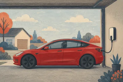 Red Electric Sedan Charging in Home Garage