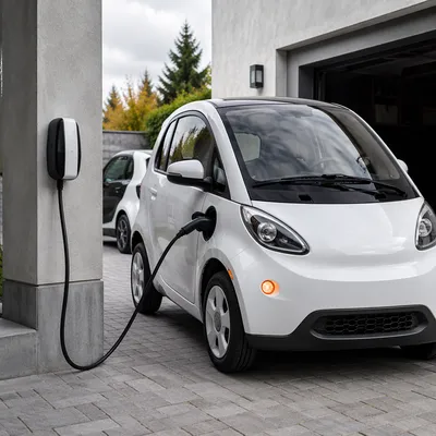White Electric Microcar Charging at Home