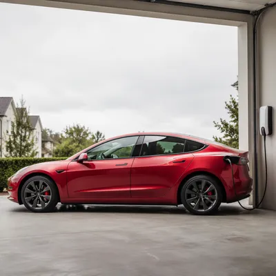 Red Electric Sedan Charging in Home Garage