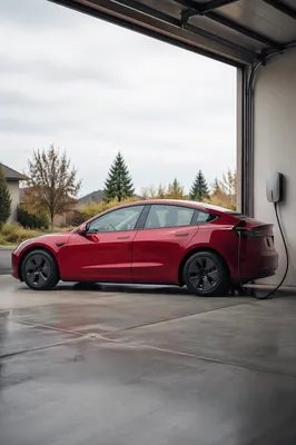 Red Electric Sedan Charging in Home Garage