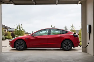 Red Electric Sedan Charging in Home Garage