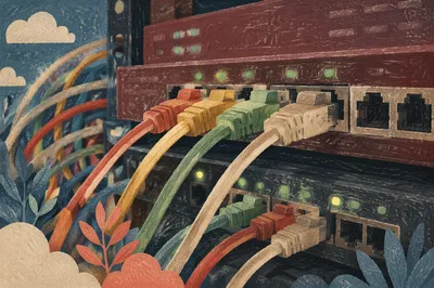 Colorful Ethernet Cables in Router Rack
