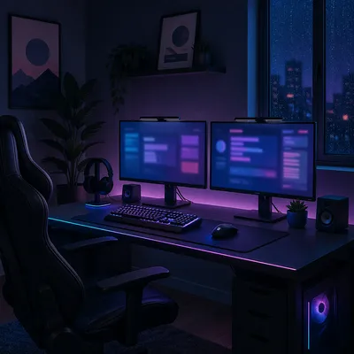 RGB Dual Monitor Gaming Setup at Night
