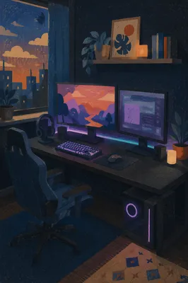 Cozy Dual Monitor Gaming Setup at Blue Hour