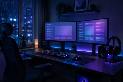 RGB Dual Monitor Gaming Setup at Night
