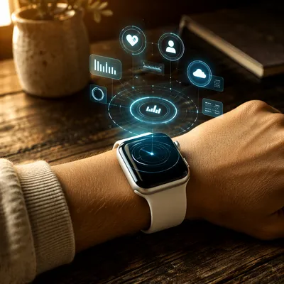 Futuristic Smartwatch Holographic Interface on Rustic Wood